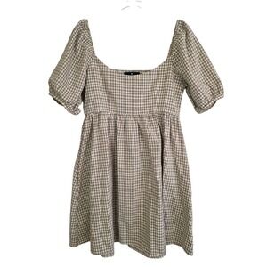 Pomander Place Tuckernuck Sz M Abigail Mini Dress Tan White Gingham Puff Sleeve